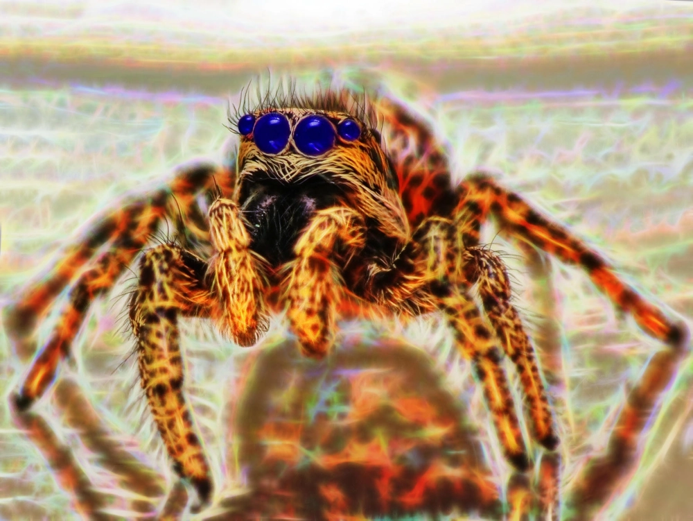Chú nhện nhảy cute đang nghiêng đầu tò mò nhìn camera