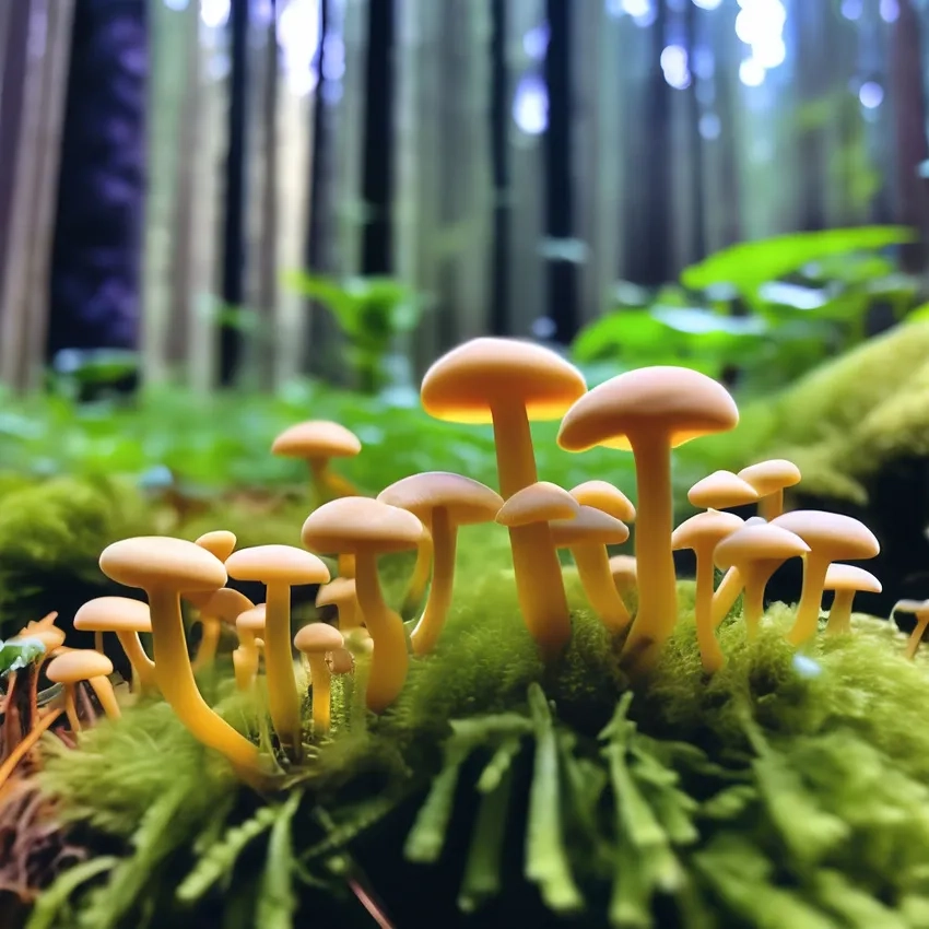 Nấm tí hon trong rừng nổi bật giữa ảnh nấm mọc trên lá rụng