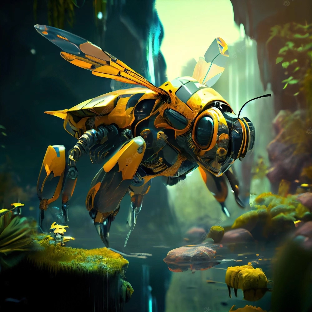 Một con ong máy (cybernetic bee) màu vàng đen chi tiết đang bay giữa khung cảnh rừng nhiệt đới giả tưởng