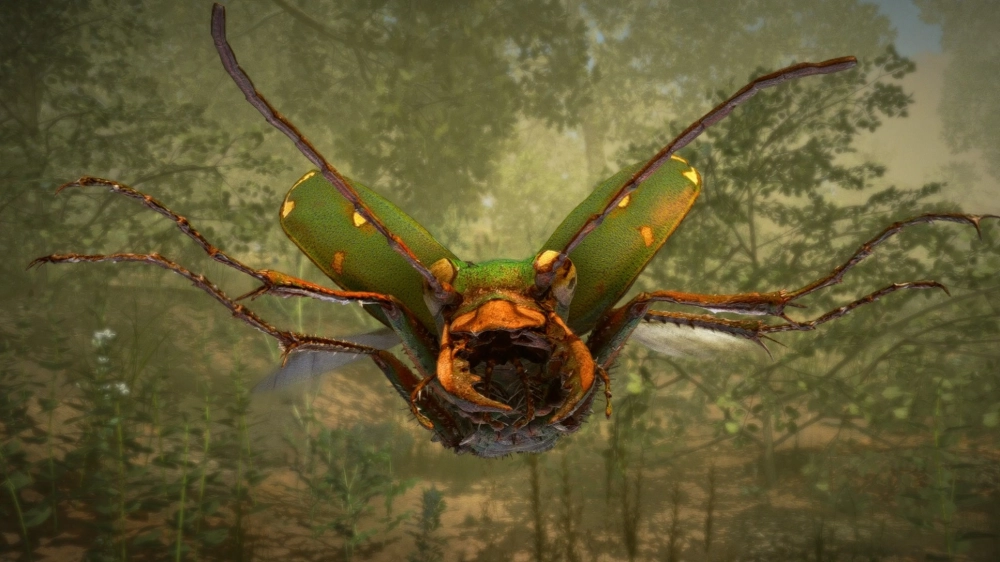 Cận cảnh một con bọ cánh cứng màu xanh lá cây và cam rực rỡ đang bay lơ lửng giữa không trung trong một khu rừng rậm